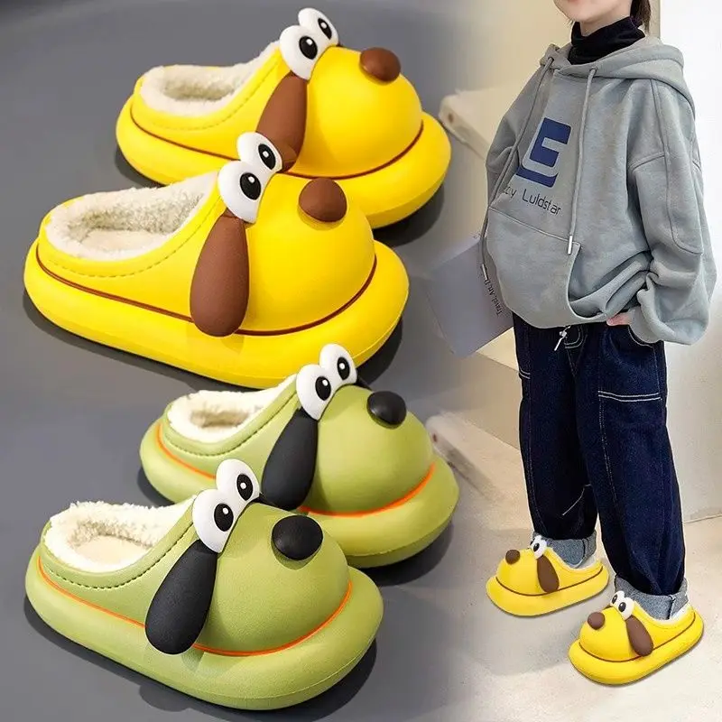 

Kids Winter Plush Lined Warm Slippers Non Slip Indoor Shoes with Heel Cover Cute Cartoon Design for Boys Girls Home Use