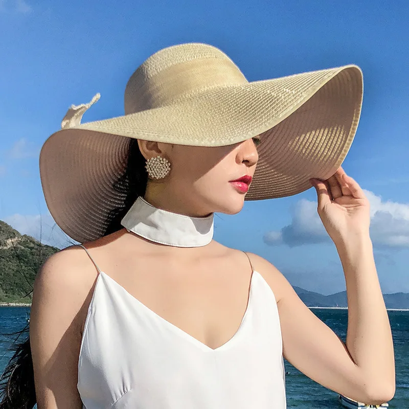 Women Wide Brim Uv Protection Straw Sun Hat Foldable Beach Hat With Bow For Summer Vacation Travel Multiple Colors 56 To 58 Cm