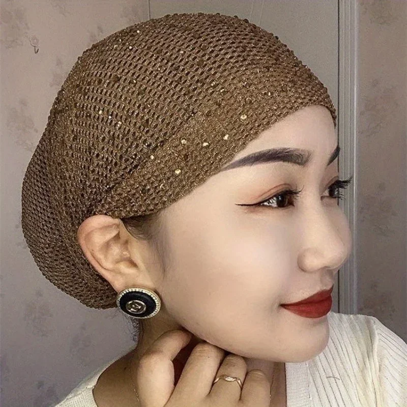 Hollow Head Covering Hair Cap Home Cap Fashion Stretch Elastic Hot Drill Wrapped Breathable Head Cap for Woman Beanies Skullies