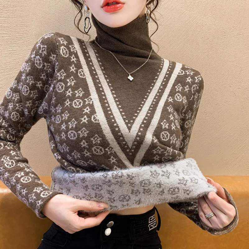 Women\'s Autumn and Winter New Pullover Turtleneck Patchwork Printing Flocking Fashion Plush Thickened Sweater Slim Fit Knit Tops