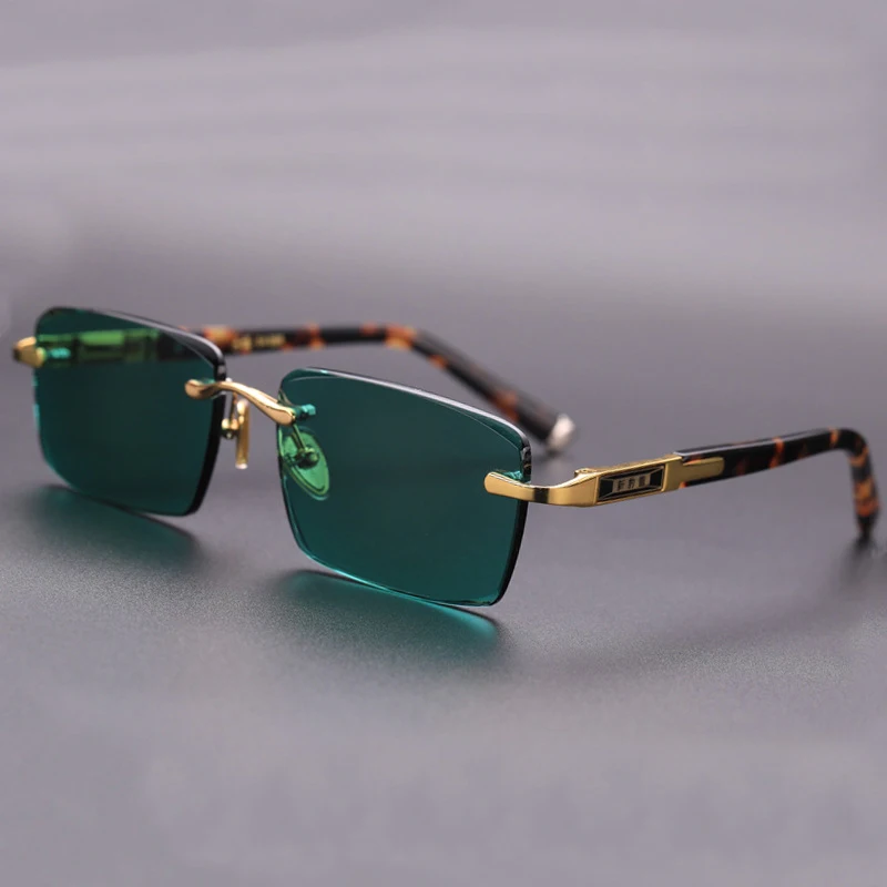 

Natural Crystal Stone Sunglasses Man Green Rimless Glass Sun Glasses Woman Mineral Lens Acetate Frame Anti Scratch Top Quality