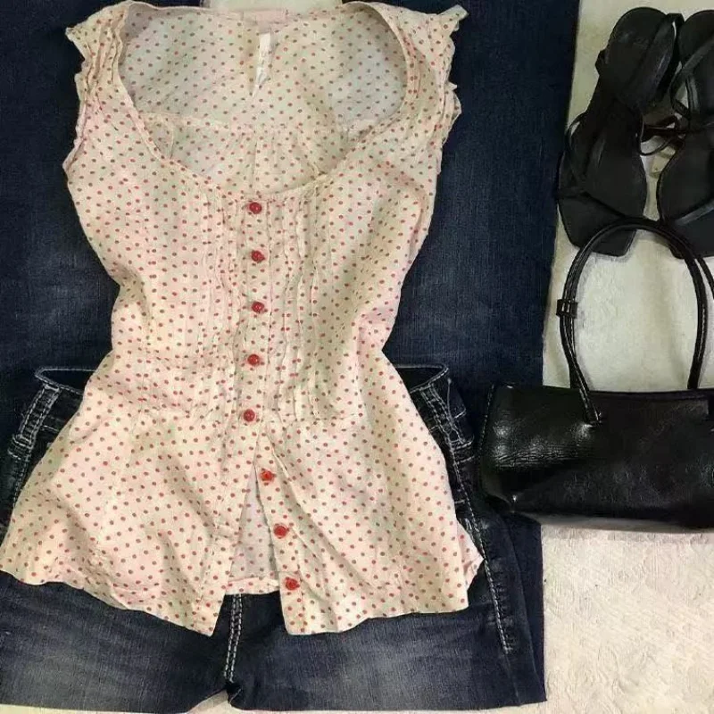

Women's New 2025 Original Trend Retro Red Polka Dot Shirt Sleeveless Top Niche Design Fashion Fashion Small Woman Top