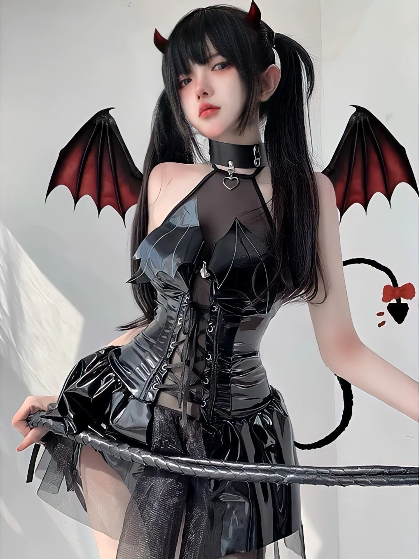 

Satanic Devil Girl ort Skirt Glossy Leather Slim Fit Cosplay loween Performance Outfit Sexy Dstring Waist Me Material