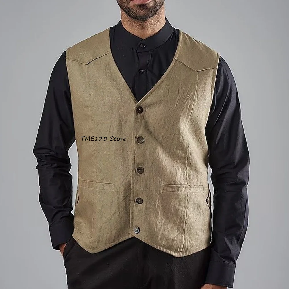 

Мужской классический жилет для мужского костюма с v-образным вырезом, подходит для работы, льняная ткань, элегантный мужской жилет, повседневный легкий однобортный жилет