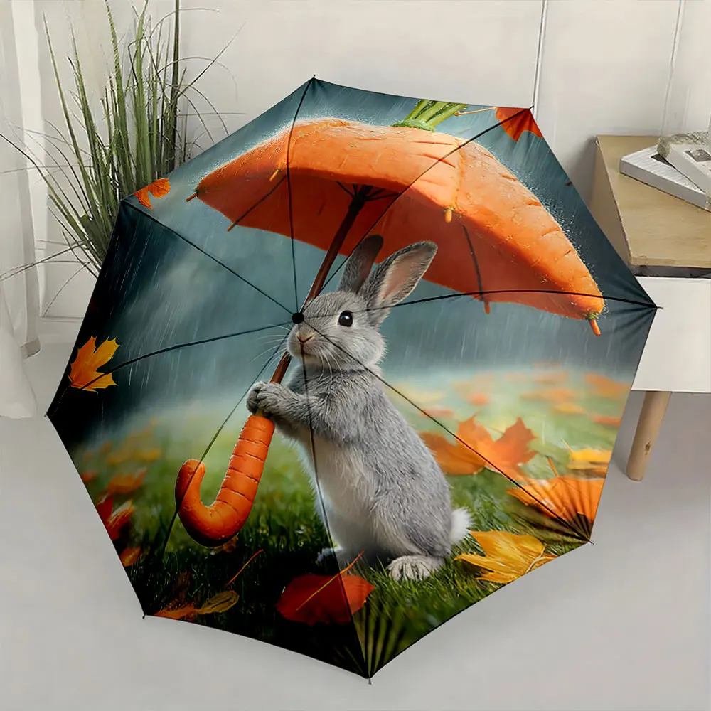 1PC Rabbit's Rainy Day Delight with Vegetable Umbrella Print 8 Iron Ribs Folding Umbrella Auto-Open Fashion Sunshade