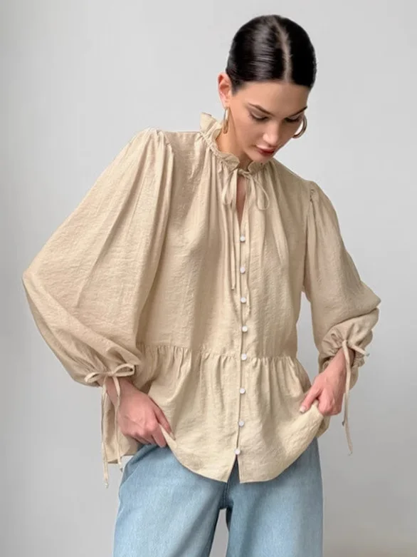 

Crepe Elegant Lantern Sleeves Shirts Stand Collar Lace-Up Casual Solid Blouses And Tops Autumn Office Ladies 2025