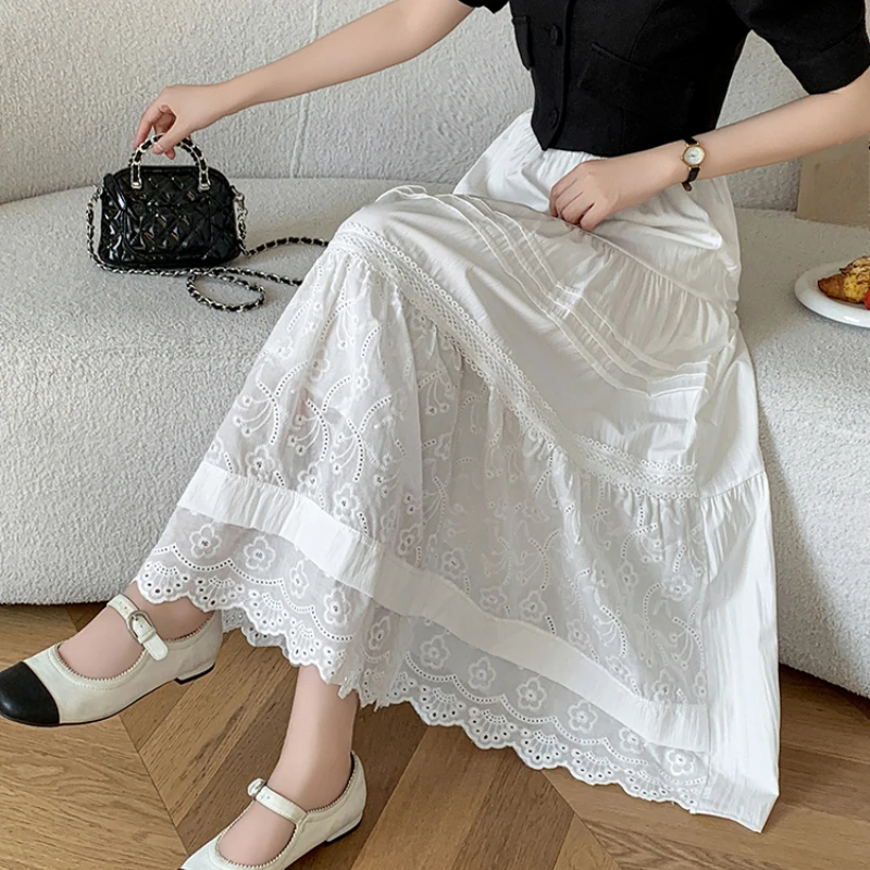 Seoulish 2025 primavera verão novo elegante laço crochê bolo a linha saia para mulheres preto branco cintura alta coreano saia longa feminina