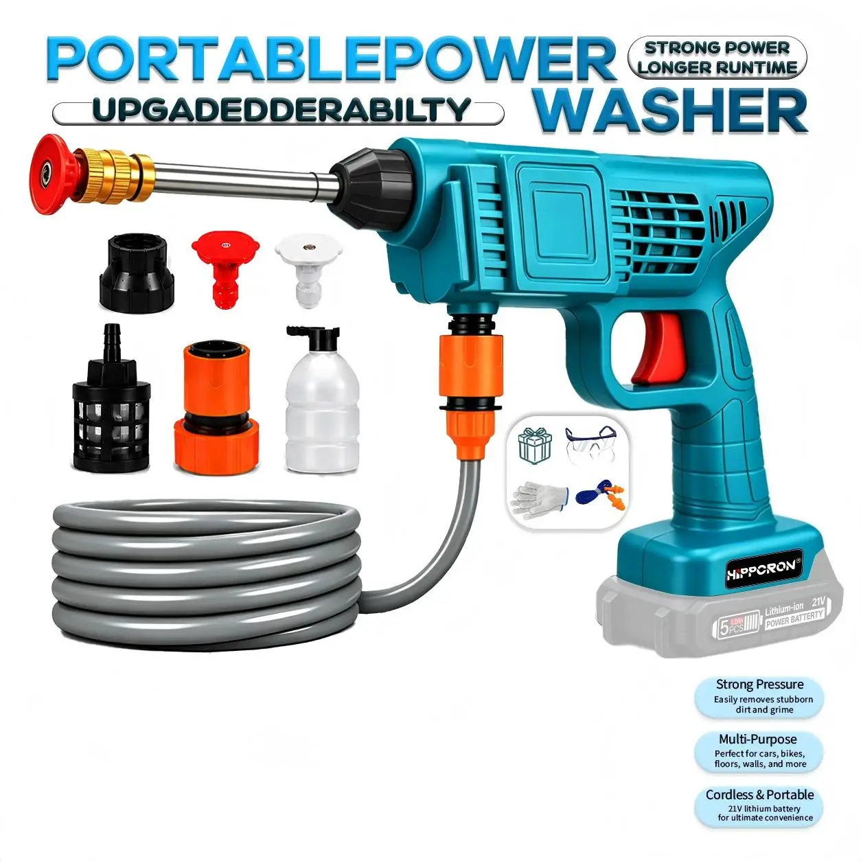 Hippcron Cordless Pressure Washer 21V, 65BAR Portable Outdoor Cleaning Tool for Car Patio Garden