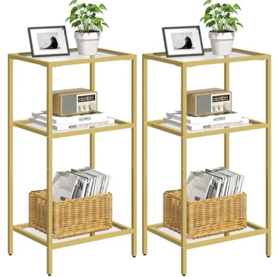 Side Tables Set of 2 Tempered Glass End Table with Metal Frame 3-Tier Small Nightstands with Storage Shelves Tall Table Stand f