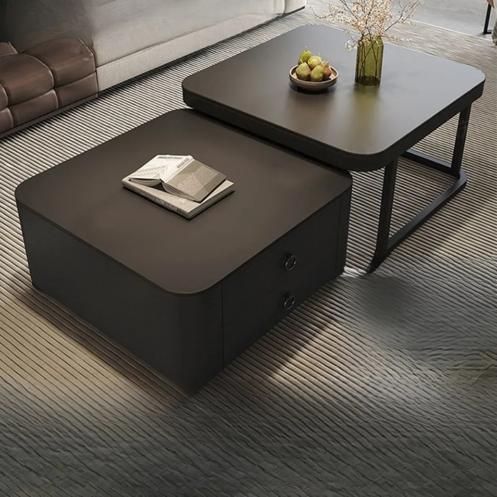 Italian rock slab coffee table living room home light luxury high-end black movable small apartment with wheels