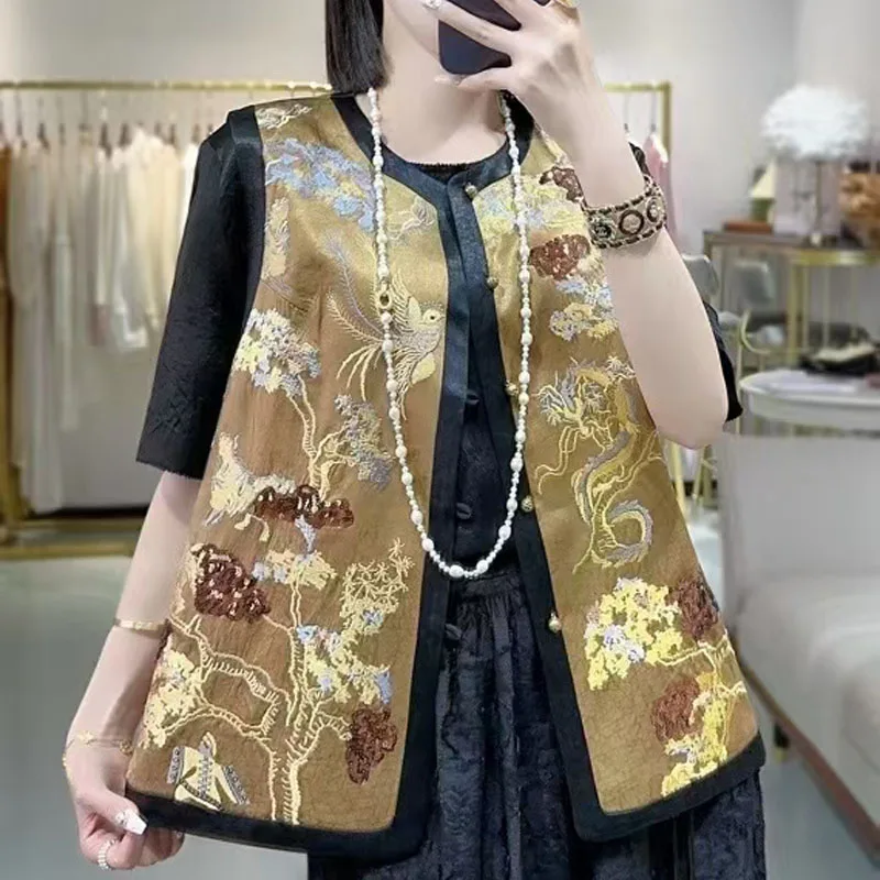 

Chinese Style Vest Women's Spring And Autumn Embroidery Flowers Loose Acetate Sleeveless Lady Top S-XXL