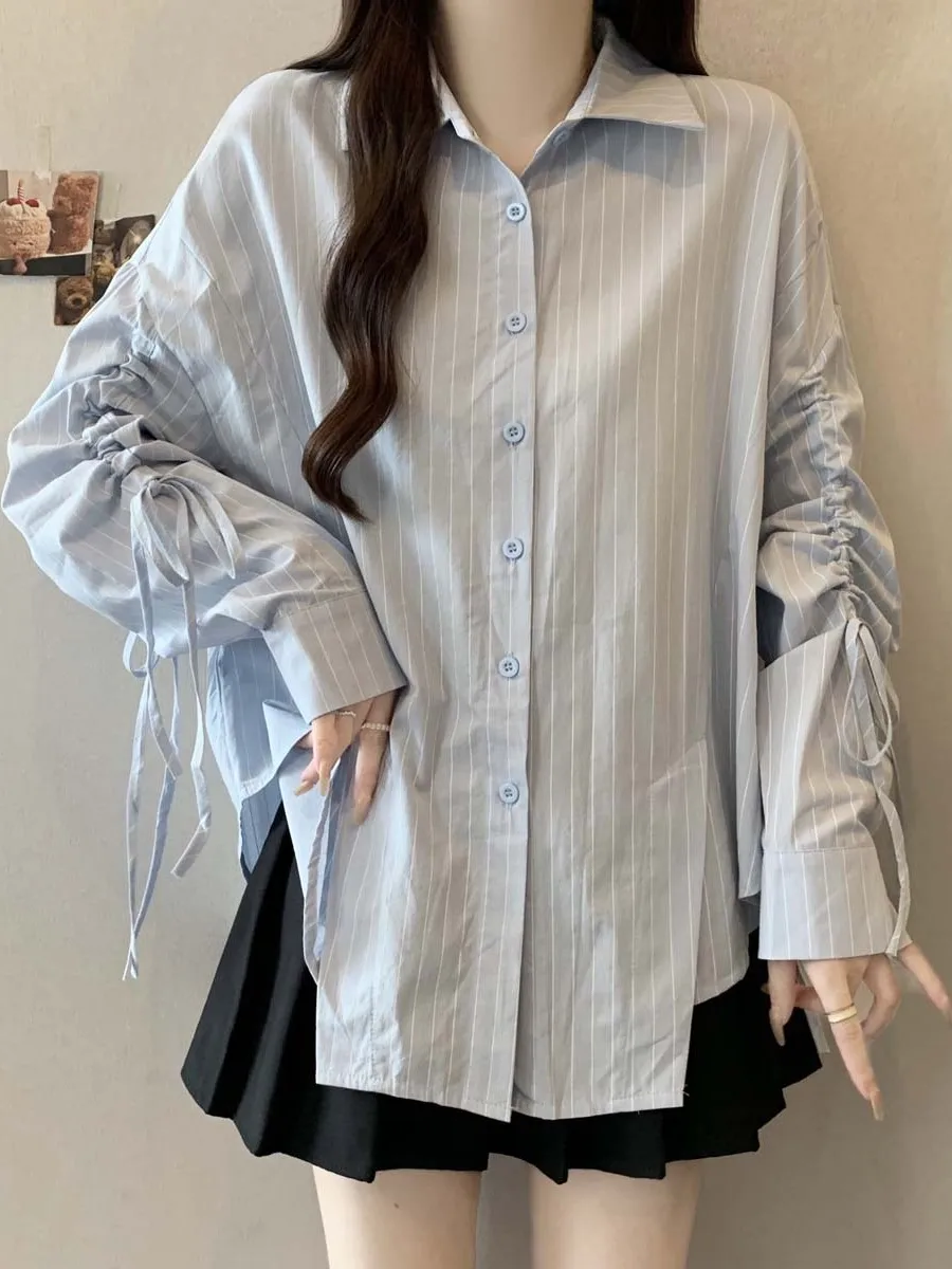 

Autumn New plus Size Women's irt Light Blue Striped Collar Long Sve Dstring Waist Design Casual Slimming Top