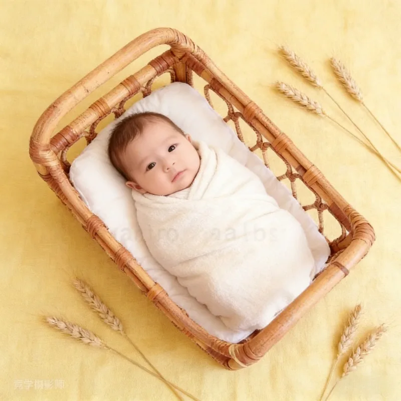 

1pc Handmade Rattan Newborn Photography Basket – Studio Retro Shooting Props Practical Furniture Baby Photo Growth Souvenir Gift