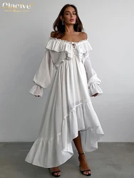 Clacive Sexy Loose White Women's Dress 2025 Fashion V-Neck Long Sleeve Ankle Length Dresses Elegant Classic Pleated Female Dress