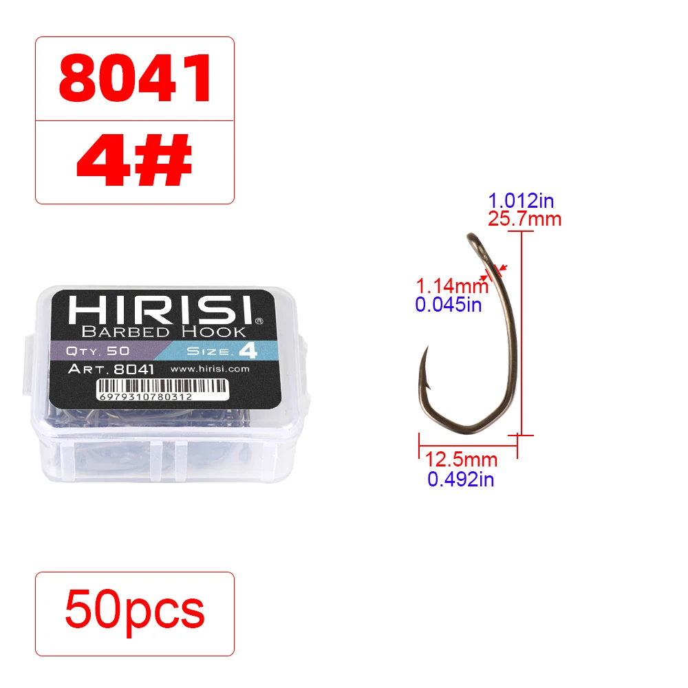 Hirisi 8041 50 Stück PTFE-beschichtete Angelhaken aus Hochkarbon-Edelstahl Rostfrei Scharfe Spitze mit Widerhaken und Öse für Angelzubehör