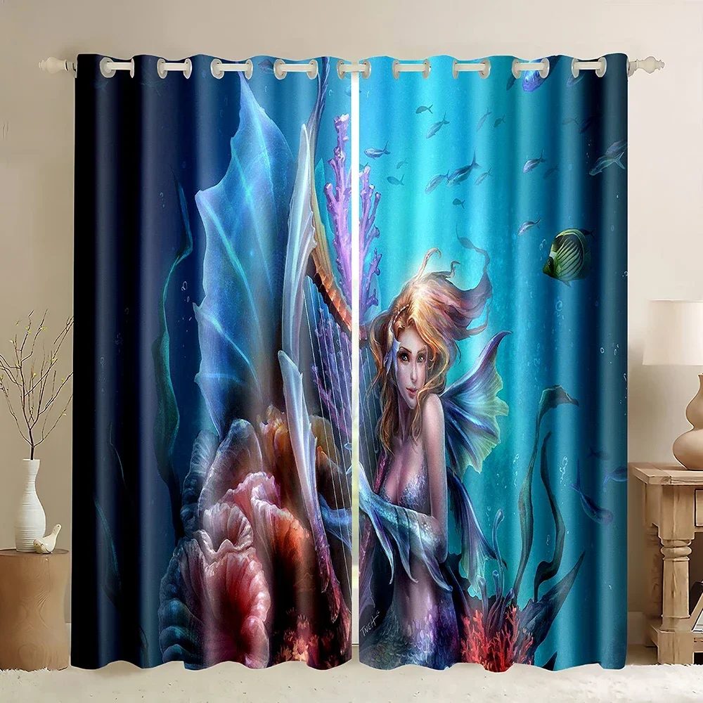 Mermaid Curtains,Mermaid in Sunbeams Sun Rays Underwater World Beauty Mermaid Magic Aquatic World Theme Blackout Curtains
