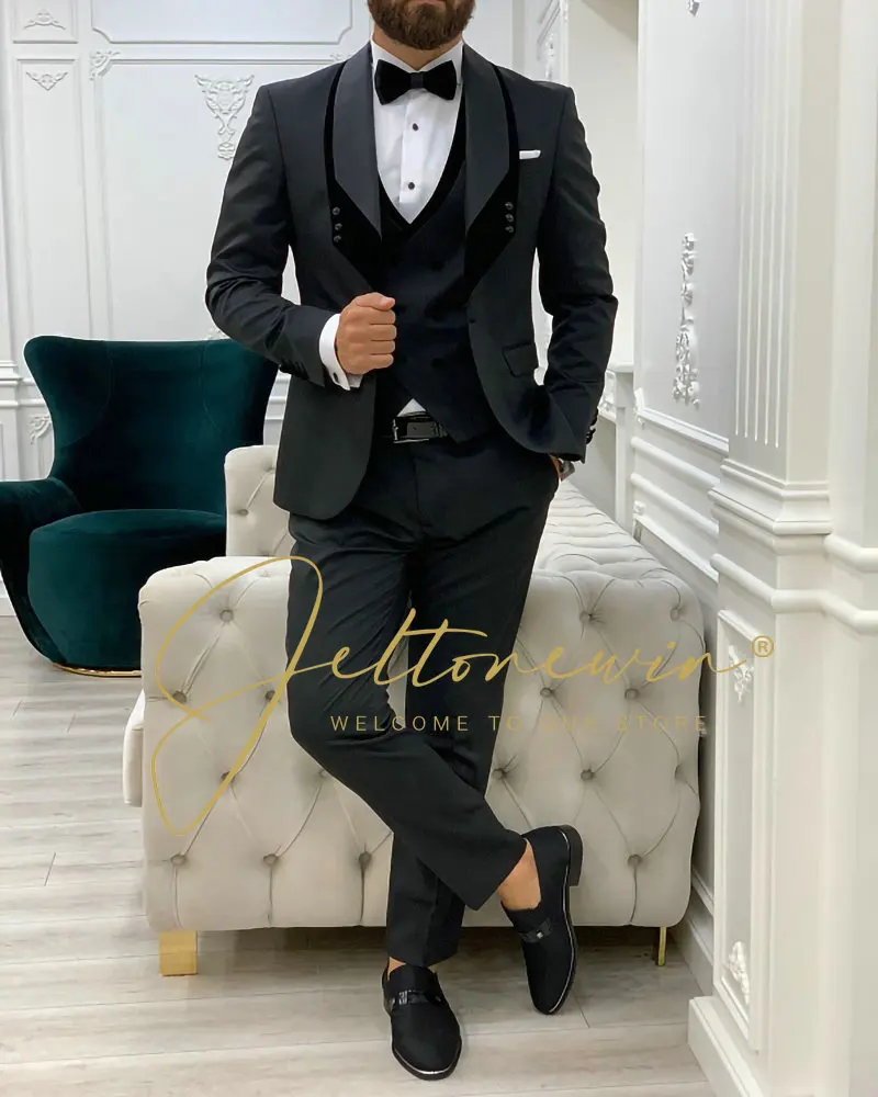 Costume de mariage 3 pièces coupe cintrée noir pour hommes |   Tuxedo formel du marié |   Design classique de haute qualité pour mariages et banquets 2025