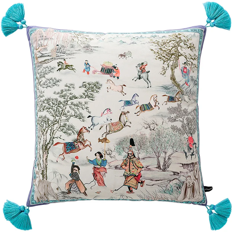 Pink Cushion Cover Rose Horse Animal Velvet Throw Pillow Covers with Tassels Retro Double-Sided Sofa Square Decorative 45x45cm