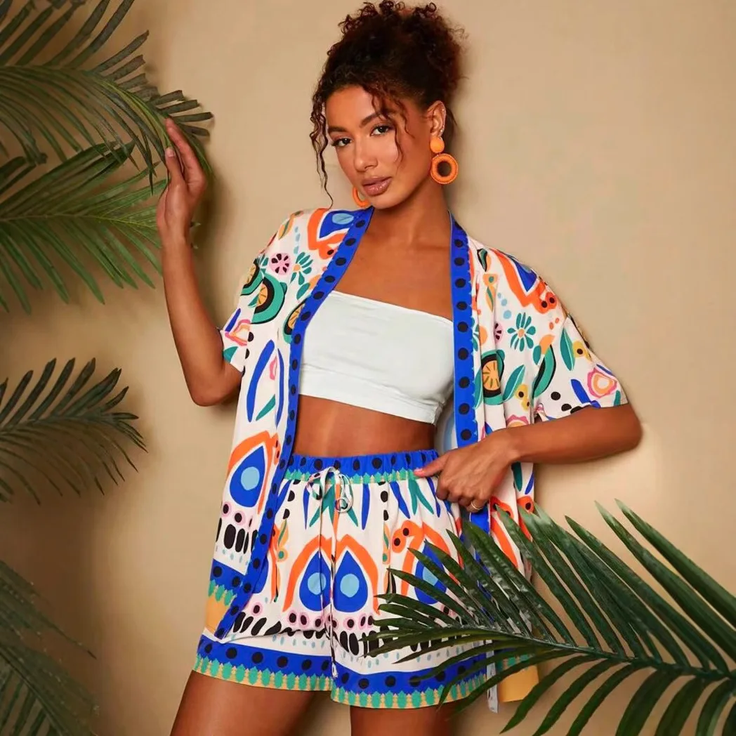 2025 European and American Summer New Fashion Casual Printed Cardigan Short-sleeved Shorts