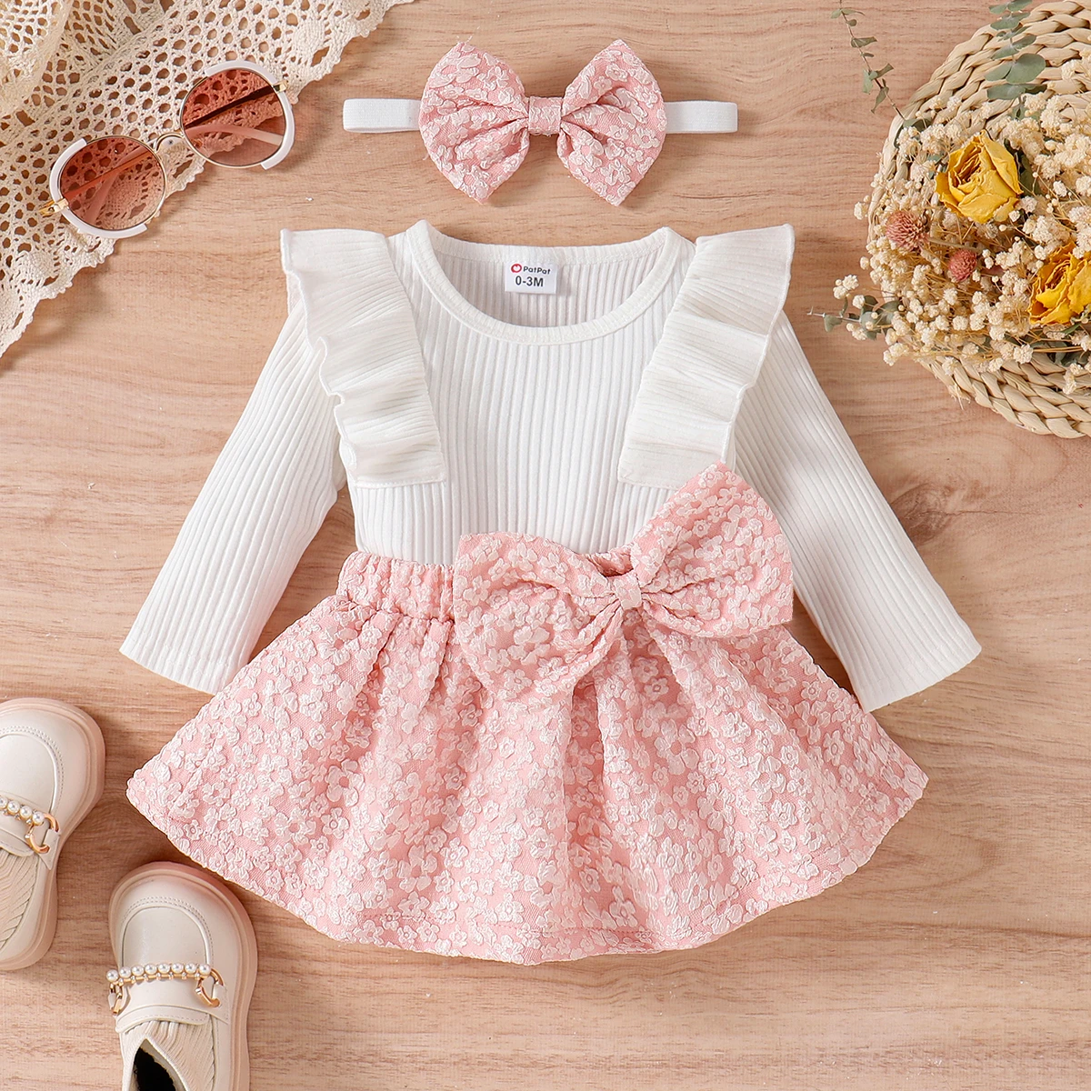 

PatPat 3pcs Baby Girl Solid Cotton Ribbed Ruffle Trim Long-sleeve Romper and Floral Textured Bow Front Skirt & Headband Set