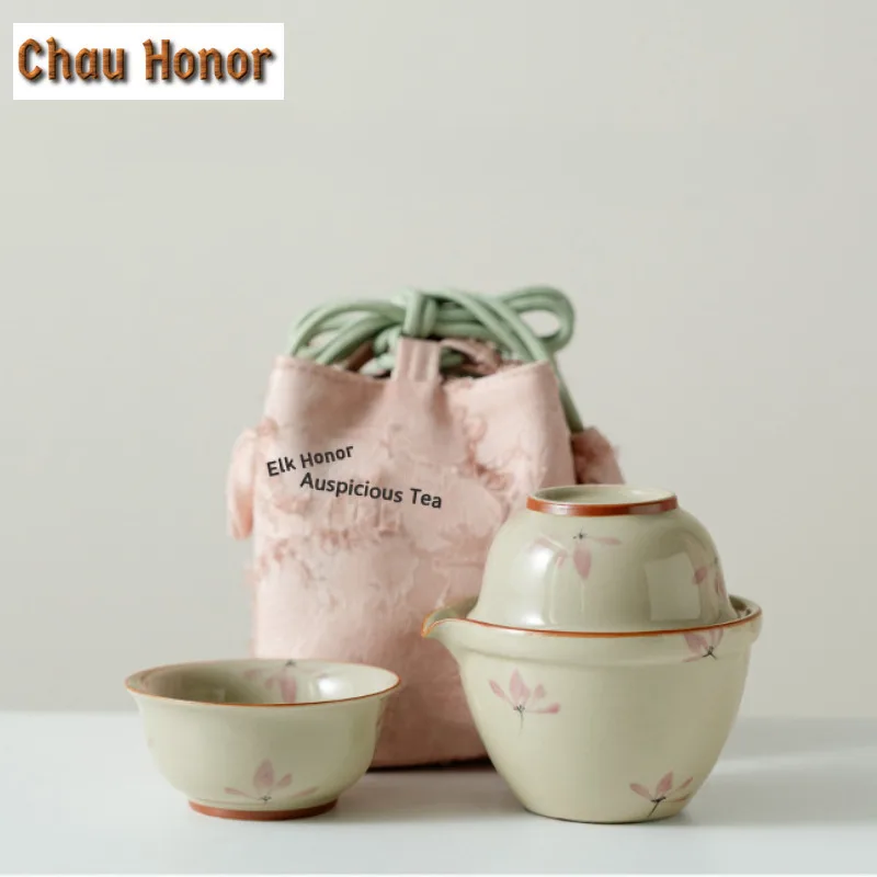 

Чистая ручная роспись порошка Орхидея, дорожный чайный сервиз, набор, бутик, 1 горшок, 2 чашки, органайзер для чайника, портативная сумка для пикника, принадлежности