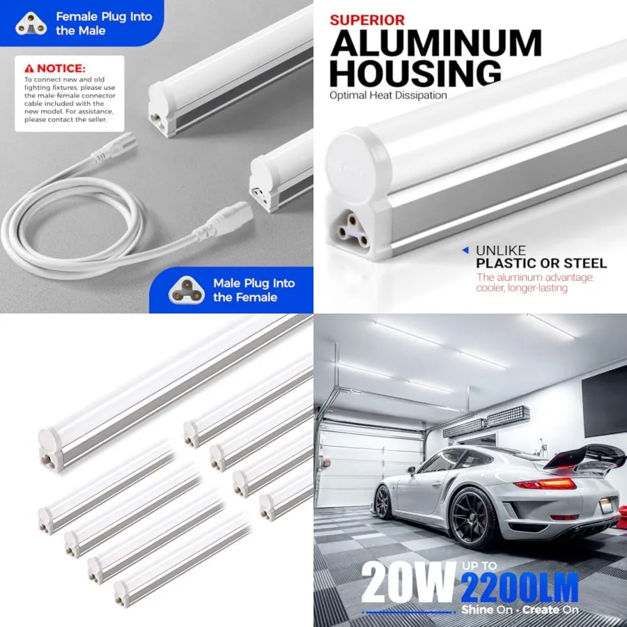 

LED Shop Light, 4Feet 2200lm Super Bright White T5 Fixture, Linkable Shop Lights, Strip Lights, Tube Lights for Garage Warehous