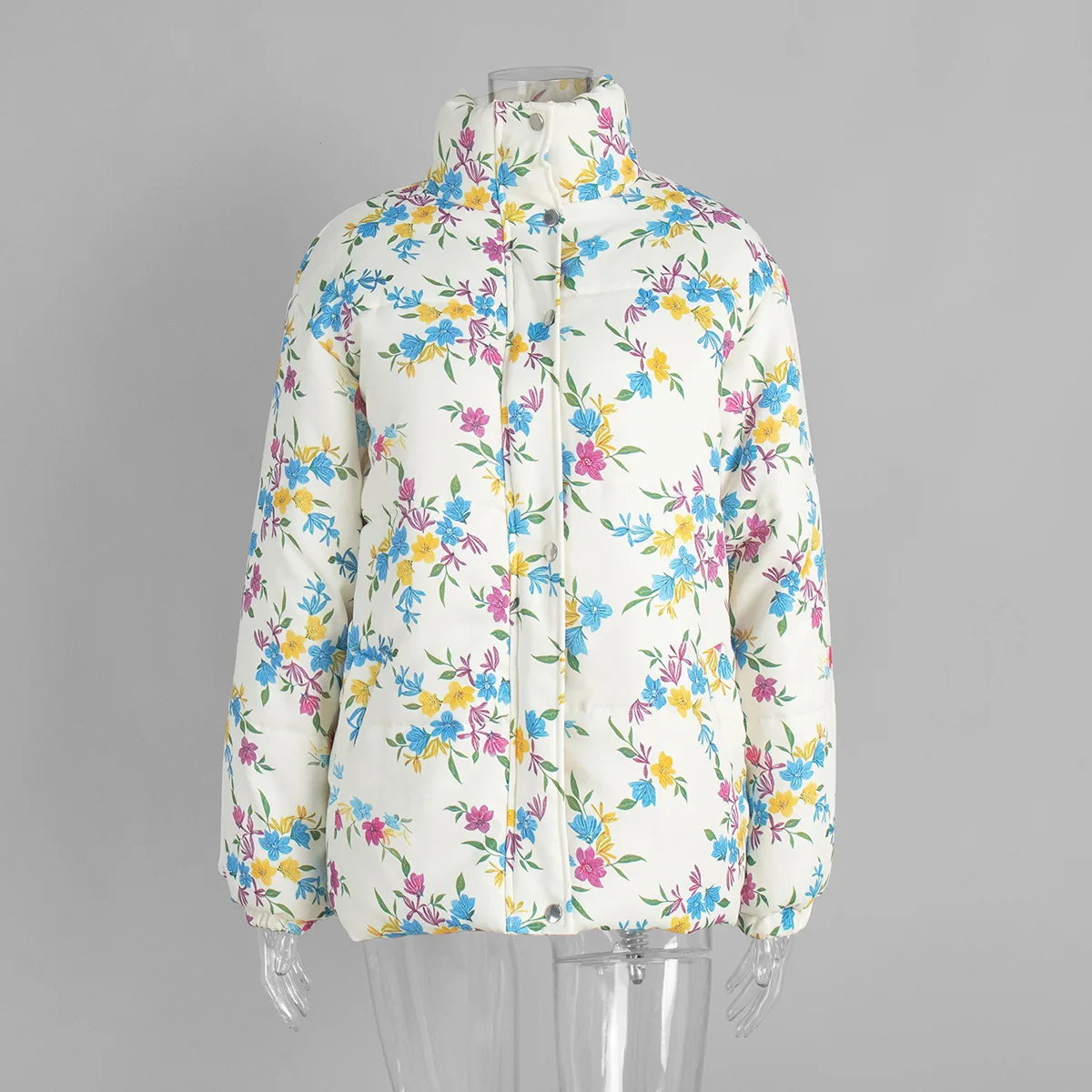 Autumn Winter New Women's Puffer Jacket Oversized Stand Up Collar Zipper Parka Floral Print Warm Cotton Padded Outerwear Coat