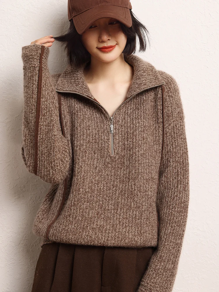 

Fashion Casual Pullover Sweater Autumn Winter 100%Cashmere Women Sweater Zipper High Lapel Collar Warm Clothes Flower Gauze Knit