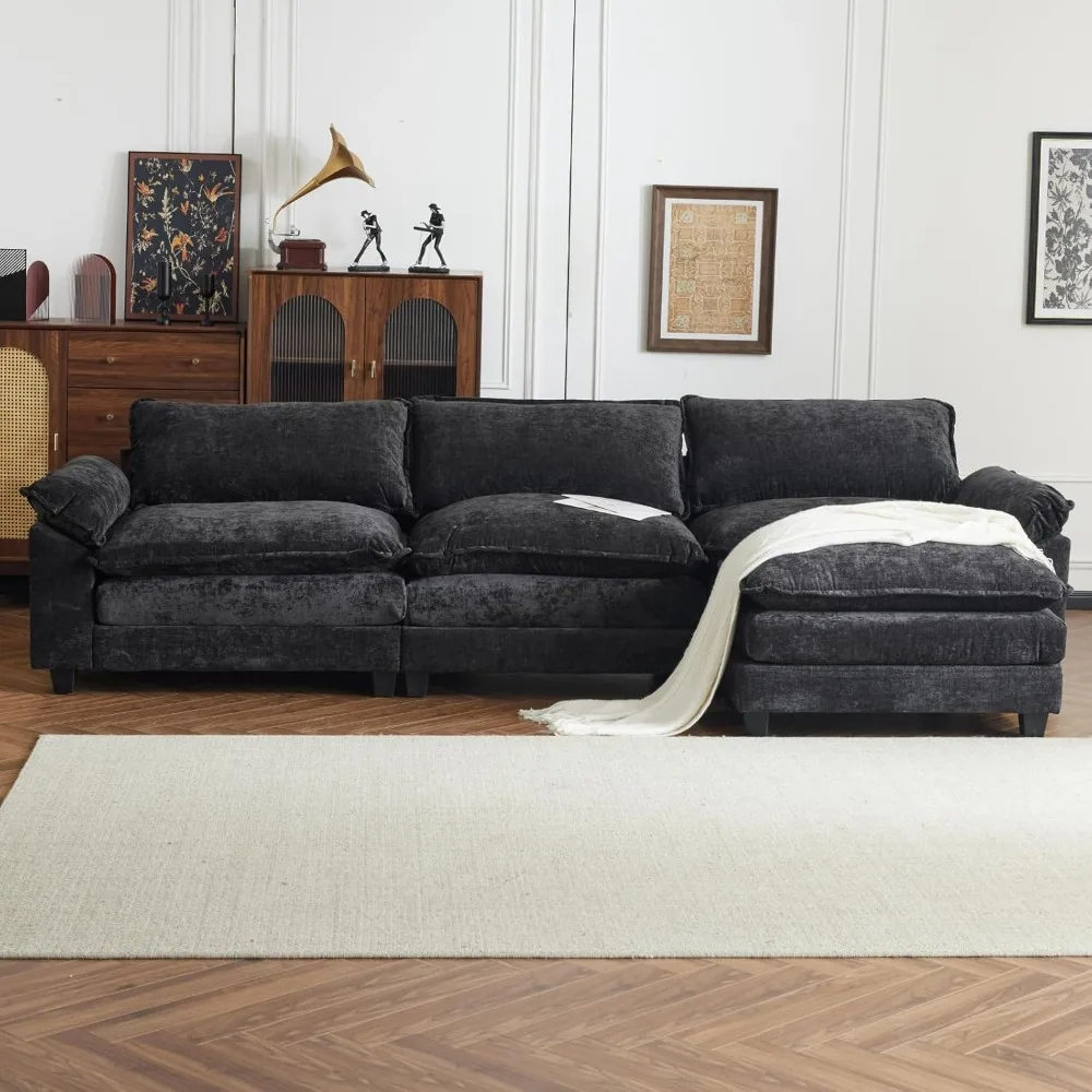 Modern L-Shaped 3-Seat Sectional Sofa with Ottoman, Chenille Upholstery for Living Room image 6