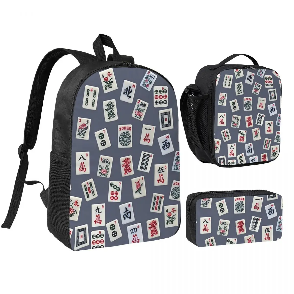 

Mahjongg Game Tiles Design On Blue Color Backpack Student BookBag School Bag Shoulder Bags 3ps Insulated Lunch Bag Pencil Case