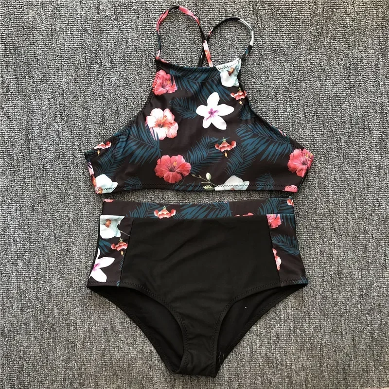 2021 European and American Foreign Trade Flower Print Halter Neck Strap Ladies Bikini Swimsuit