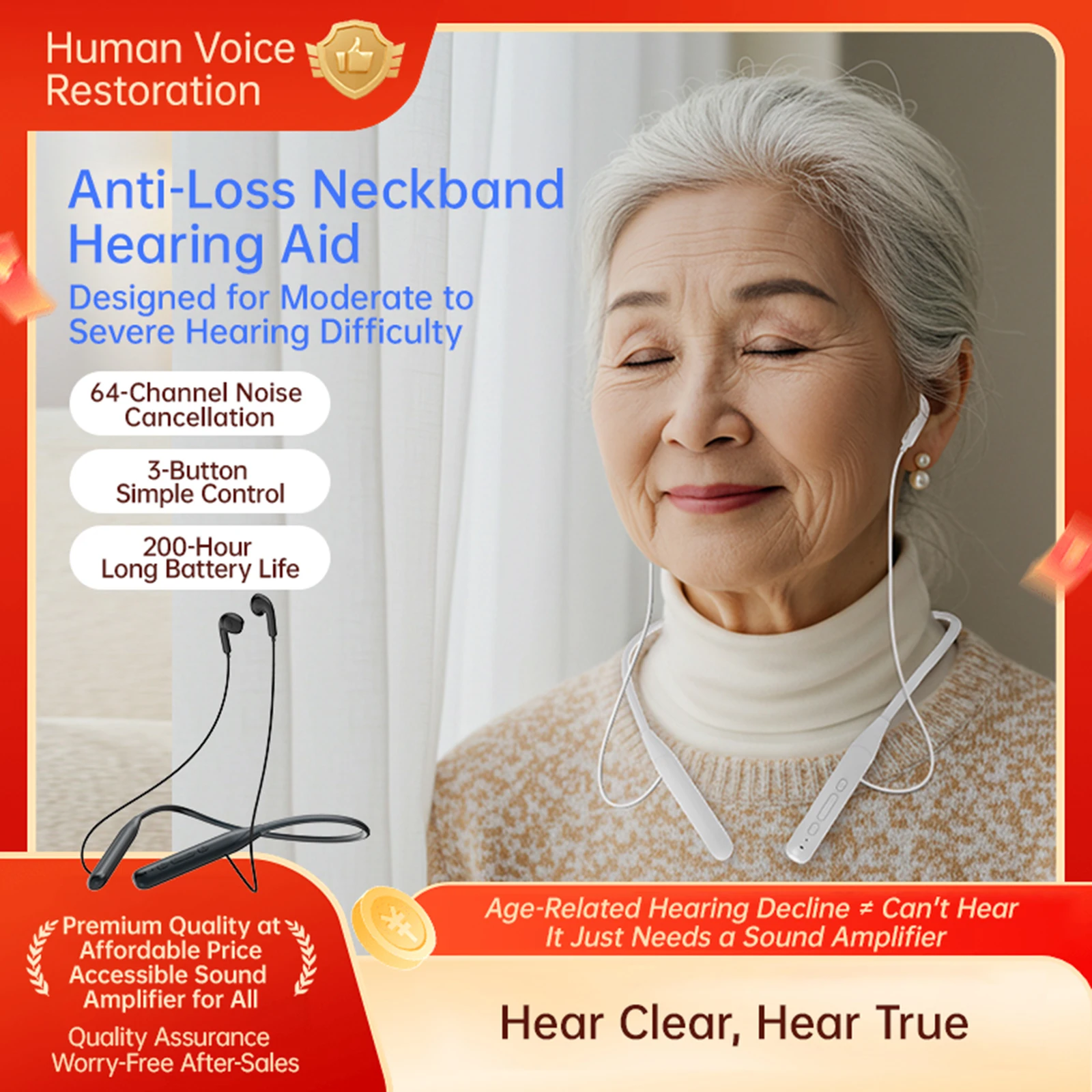 

Neckband Hearing Aid Rechargeable Hearing Amplifier Device Neck Hanging Sports Earphone for Seniors & Adults