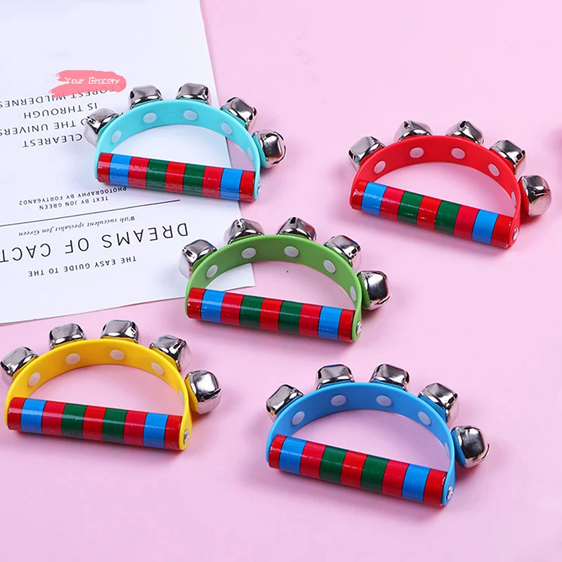 1Pc 子供用木製ハンドベル 5 ジングルベル付き楽器おもちゃ音楽クラス用知的小道具ハンドベル