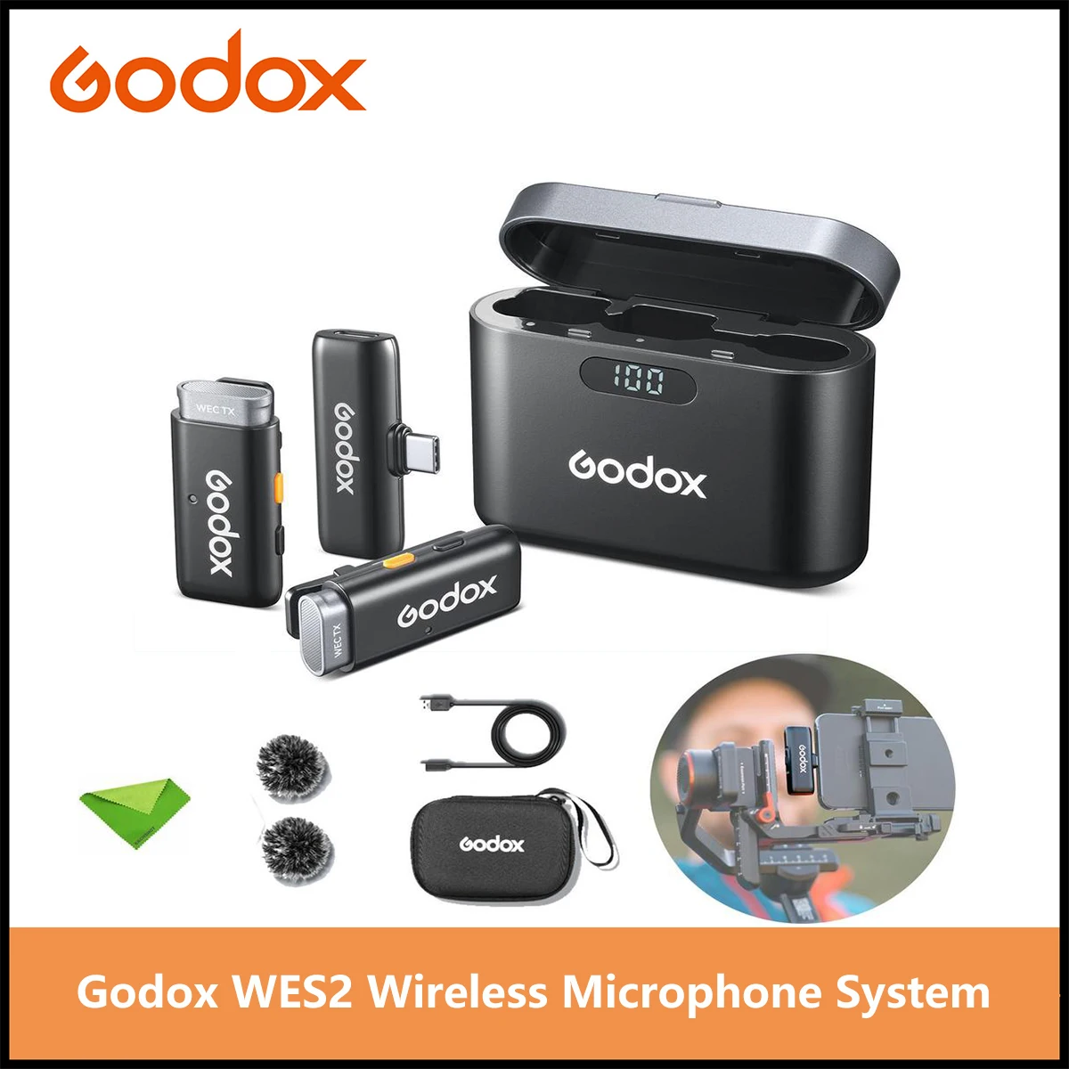 Godox WES2 Kit2 2.4GHz Wireless Microphones, 8H Battery Life, 2.4G Wireless Mic, 200m(656ft.) Range, APP Control for Smartphone