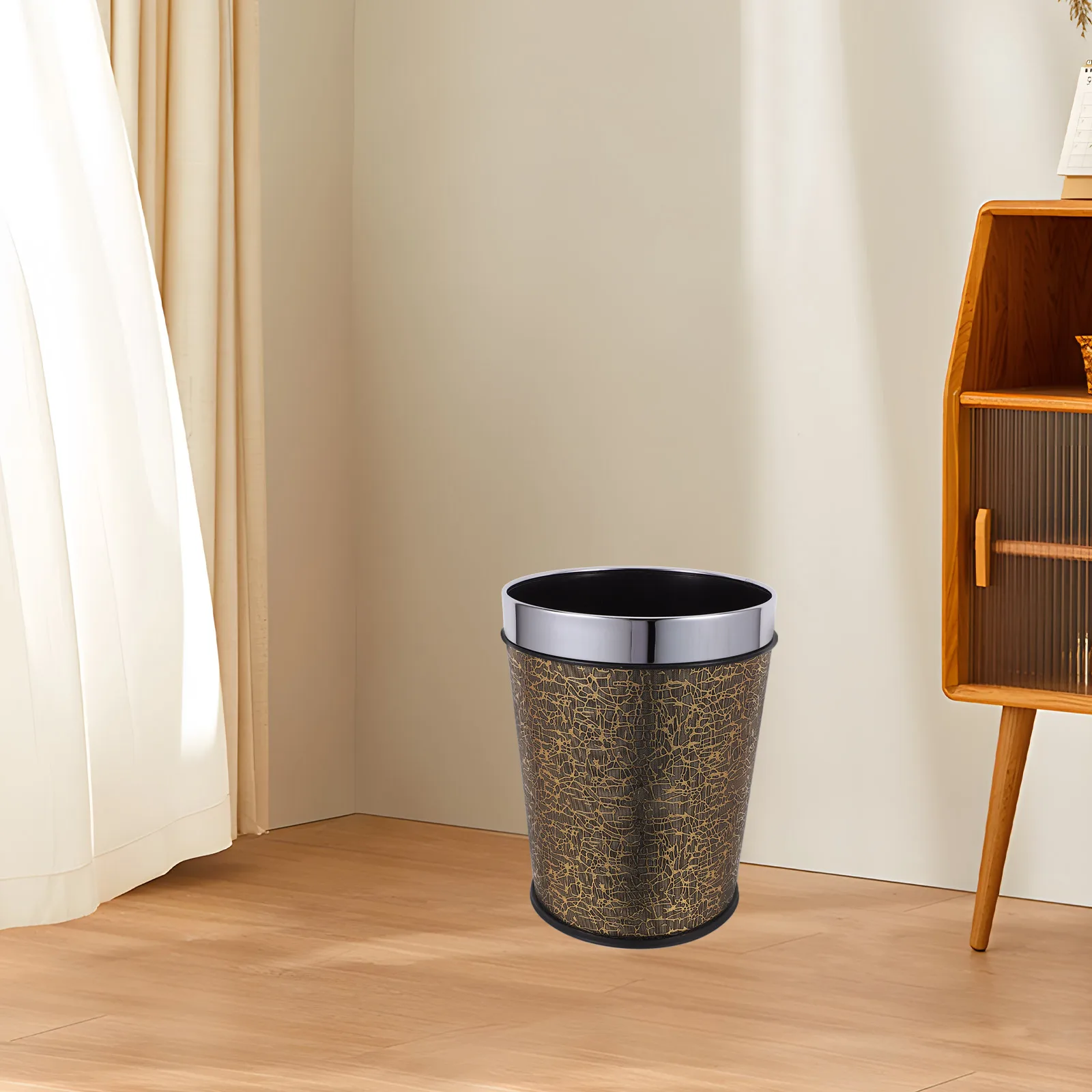 

Trash Can Round Waste Bucket Pu Small Bathroom Household Garbage Storage Office Bedroom Kitchen Living Retro Style