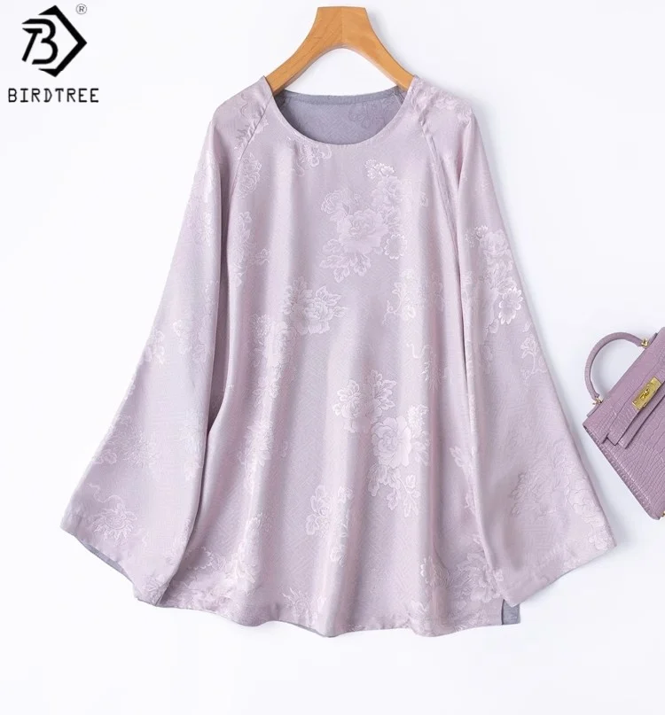 

Birdtree 100% Mulberry Silk Reversible Purple Blouse,Women Jacquard Satin Autumn Shirt,O-neck Raglan Sleeve Pullover T59509JF