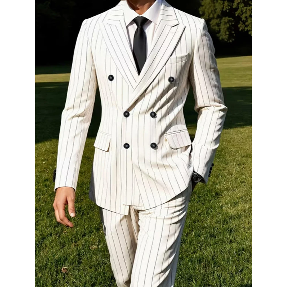

2025 Men's White Pinstripe Double-Breasted Suit 2 Piece Formal Blazer Pant Set Slim Peak Lapel Wedding Business Office Form Wear