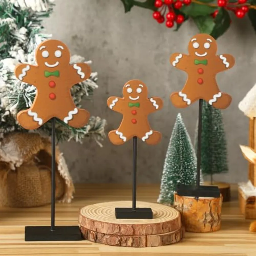 3 Pcs Christmas Wooden Gingerbread Man Table Decor Christmas Wood Table Sign Tall Standing Gingerbread Centerpiece Decorations