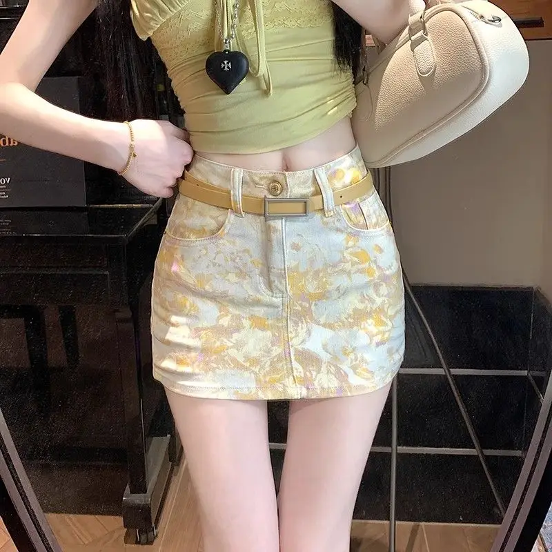 2026 Fashion Yellow Tie-dye Printed Denim Skirt Women's Sexy Short Jean Skirts Summer High-waisted Vintage Casual A-line Skirts
