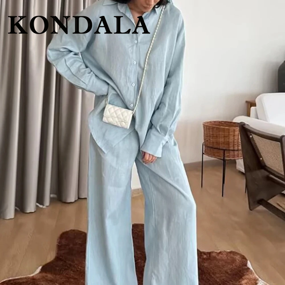 

KONDALA Chic Y2K синий повседневный женский костюм 2025 года, осенняя рубашка большого размера + широкие брюки с эластичной резинкой на талии, модный женский комплект