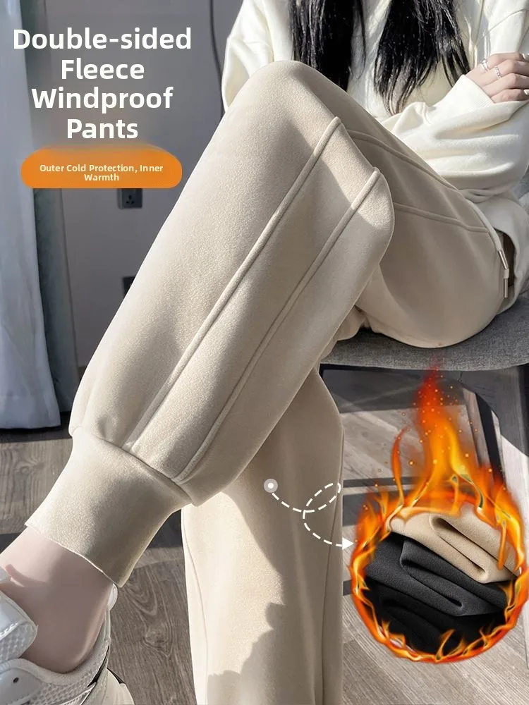Women's Sporty Fleece Lined Thickened Windproof Pants Autumn Winter New Style Slimming Cuffed Casual Trousers Harlan Style