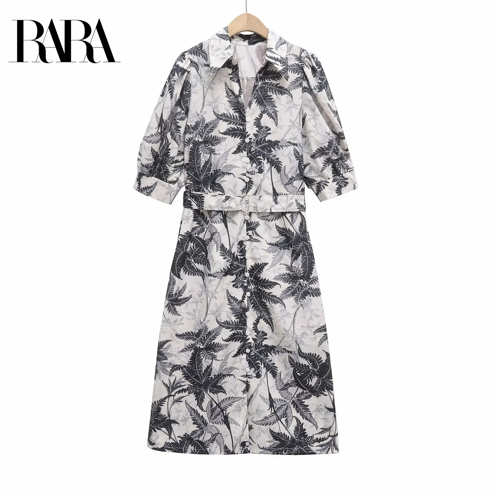 

RARA Womens Casual V - neck Puff - sleeve Single - breasted Mid - length Printed Dress with Belt Decoration Stylish Dress
