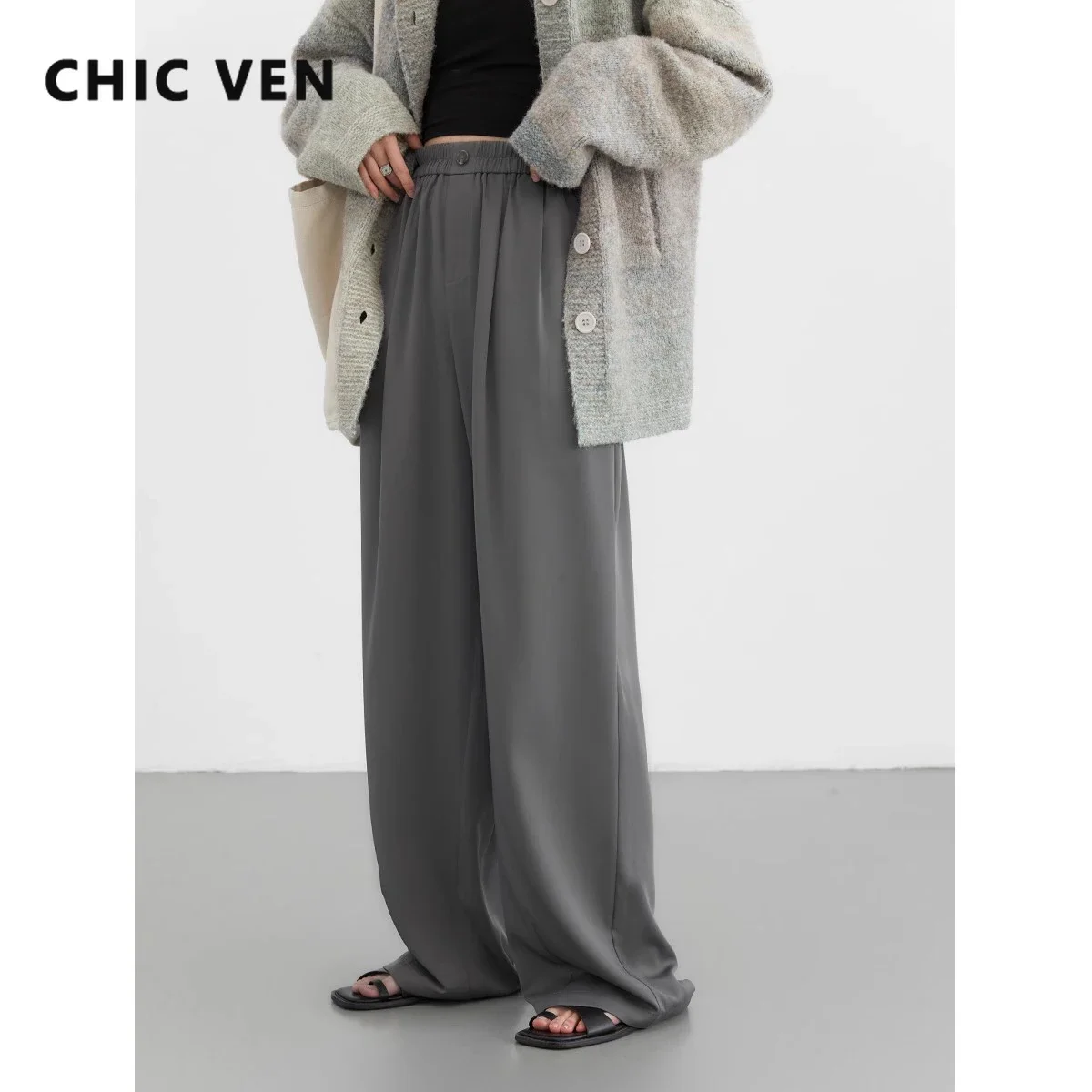 

CHIC VEN Women Pants Loose Casual New Elastic High Waisted Draped Pleated Woman Trousers Female Wide Leg Pant Spring 2024