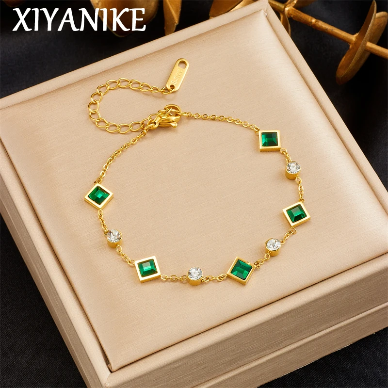 

XIYANIKE 316L Stainless Steel Luxury Green Crystal Exquisite Zircon Bracelet for Women Wedding Anniversary Classic Gift Pulsera