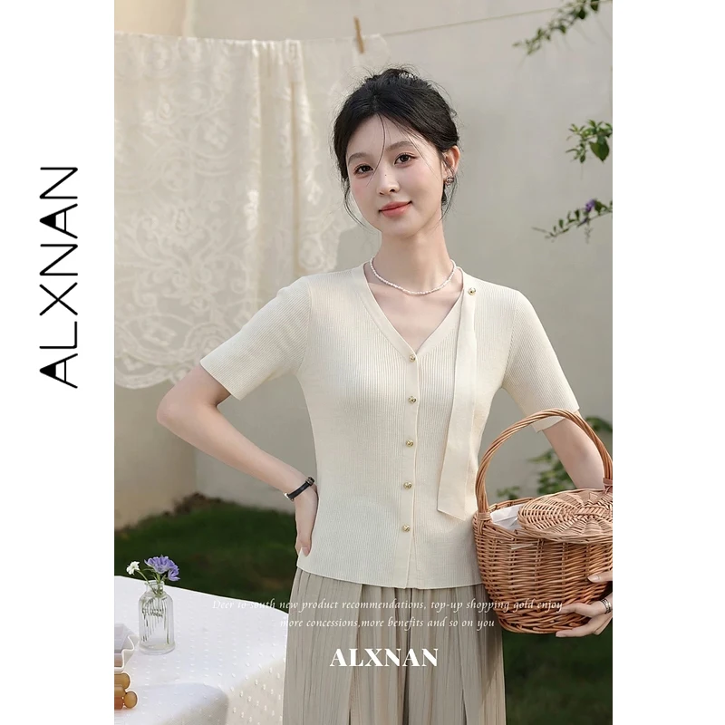 

ALXNAN Women's T-shirt Summer Knitted Short Sleeve Top Lightweight Slim Fit V-neck Tie Detail Elegant French Style Tee L65675A