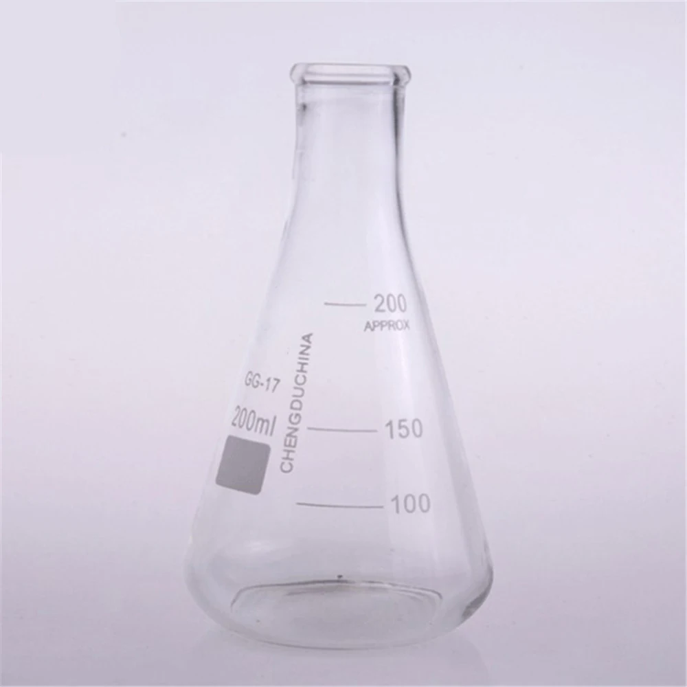 200 ml, matraz Erlenmeyer de vidrio, matraz cónico de vidrio, cuello estrecho, cristalería de laboratorio