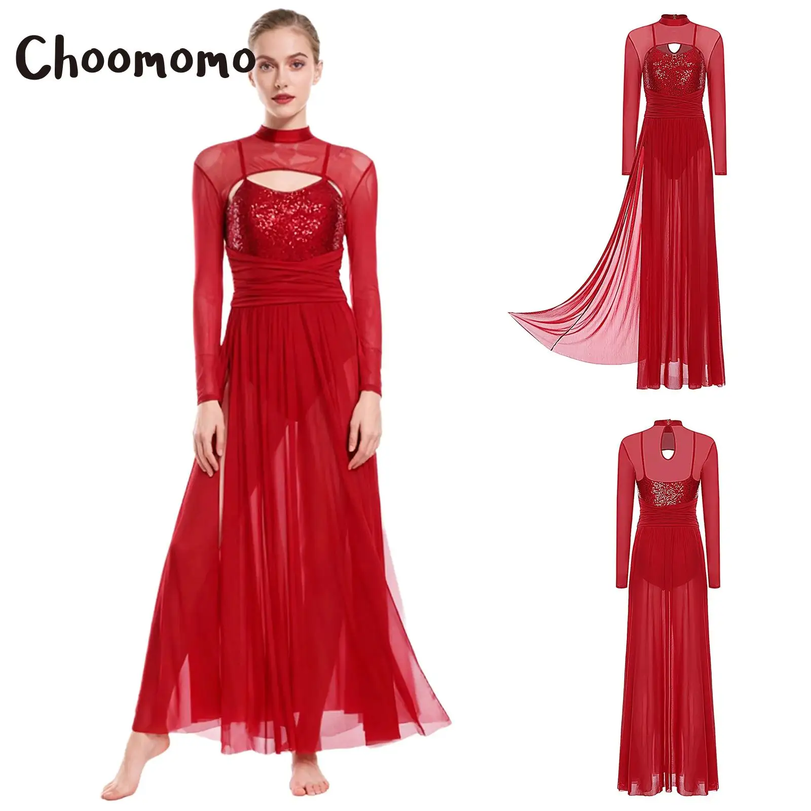 

Women Contemporary Lyrical Dance Dress Sequin Long Sleeve Mesh Tulle Maxi Dress Ballet Gymnastics Modern Skating Dancewear