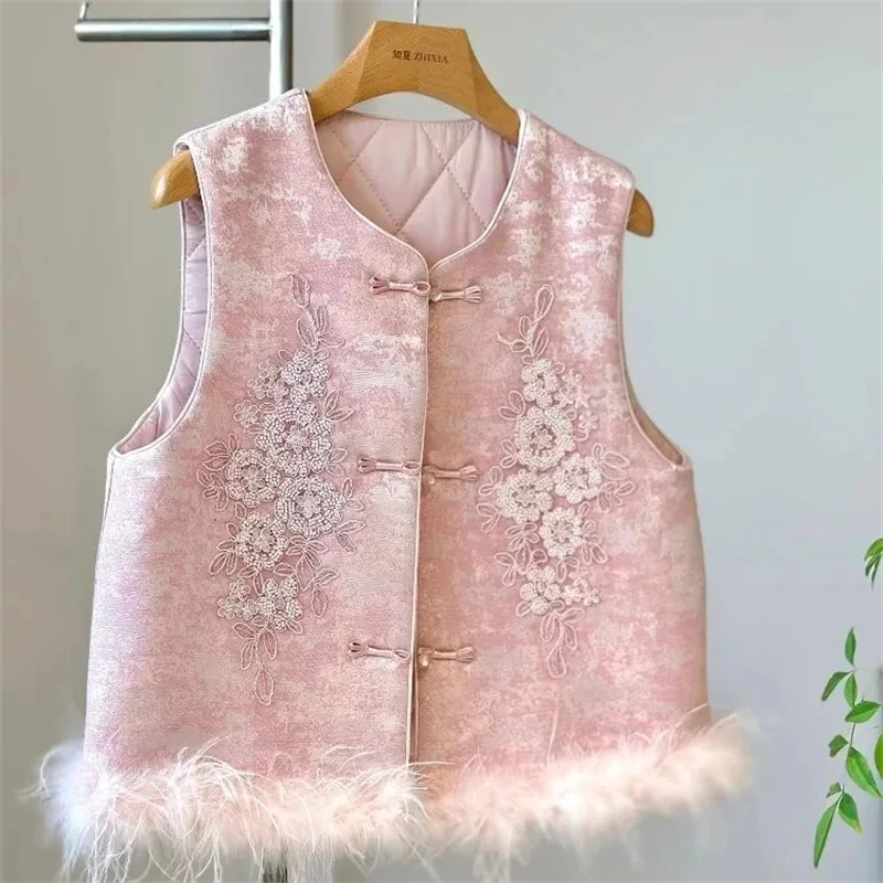 Retro Beautiful Pink new Chinese Embroidered Vest with Cotton Clip Spring and Autumn Buckle Wearing Ostrich Hair Sleeveless Vest