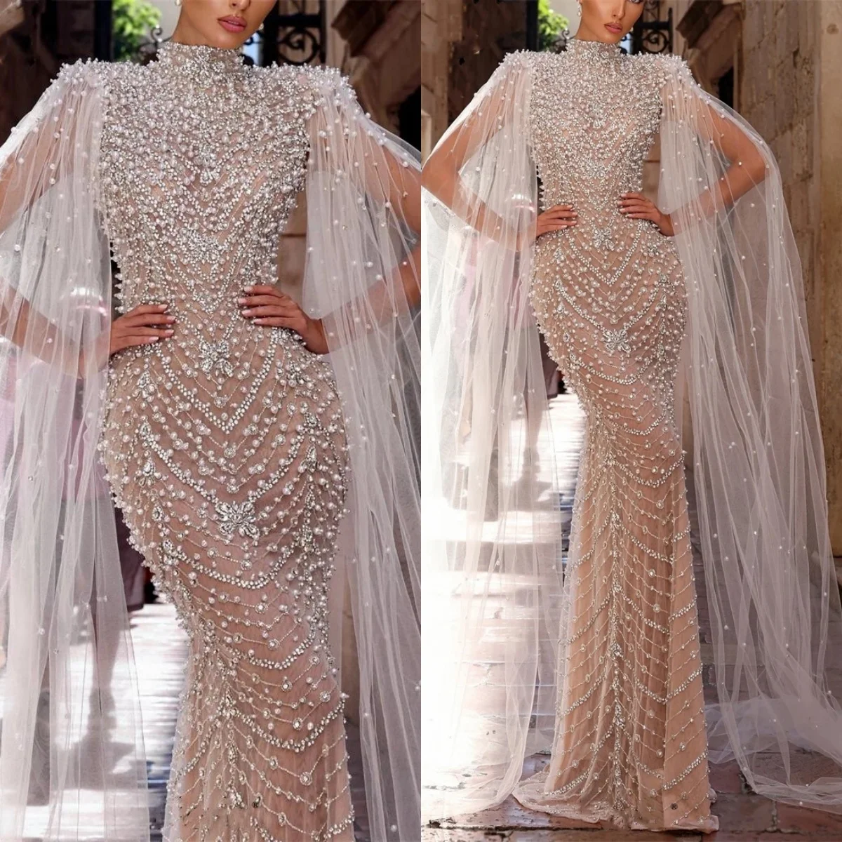 Sexy ver através de vestidos de casamento pérolas cristal vestidos de noiva alta pescoço feito sob encomenda ilusão sereia vestidos de noiva de mariée