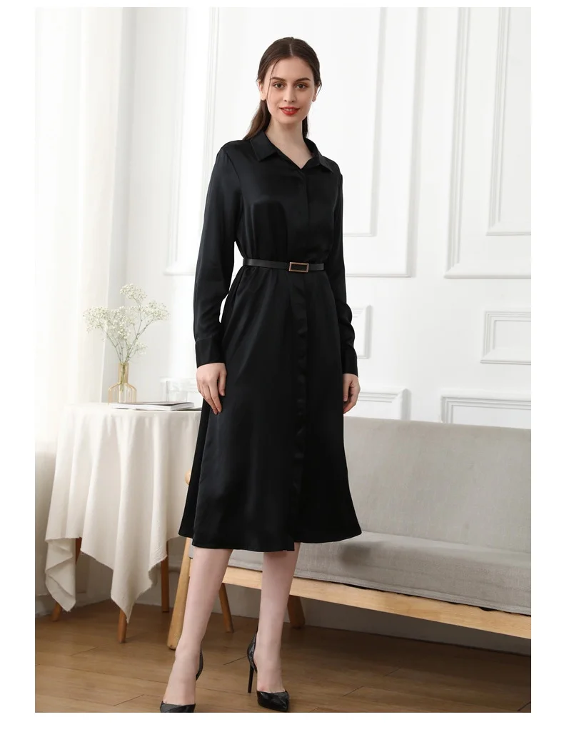 Mulberry Silk Long Dress for Women Solid Shirt Dress Long Sleeve Midi Dresses Elegant Shirt Dresses Button Down Casual Cardigan